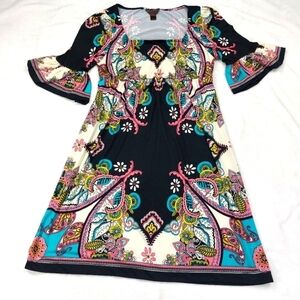 TRULLI WOMEN'S MULTICOLORED PAISLEY FLORAL BELL SLEEVE SQUARE NECK DRESS SIZE 6